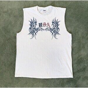 Vintage USA Tribal Eagle Biker Sleeveless Shirt White Size L Patriotic American